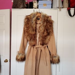 Missguided Faux Fur Trim Wrap Coat